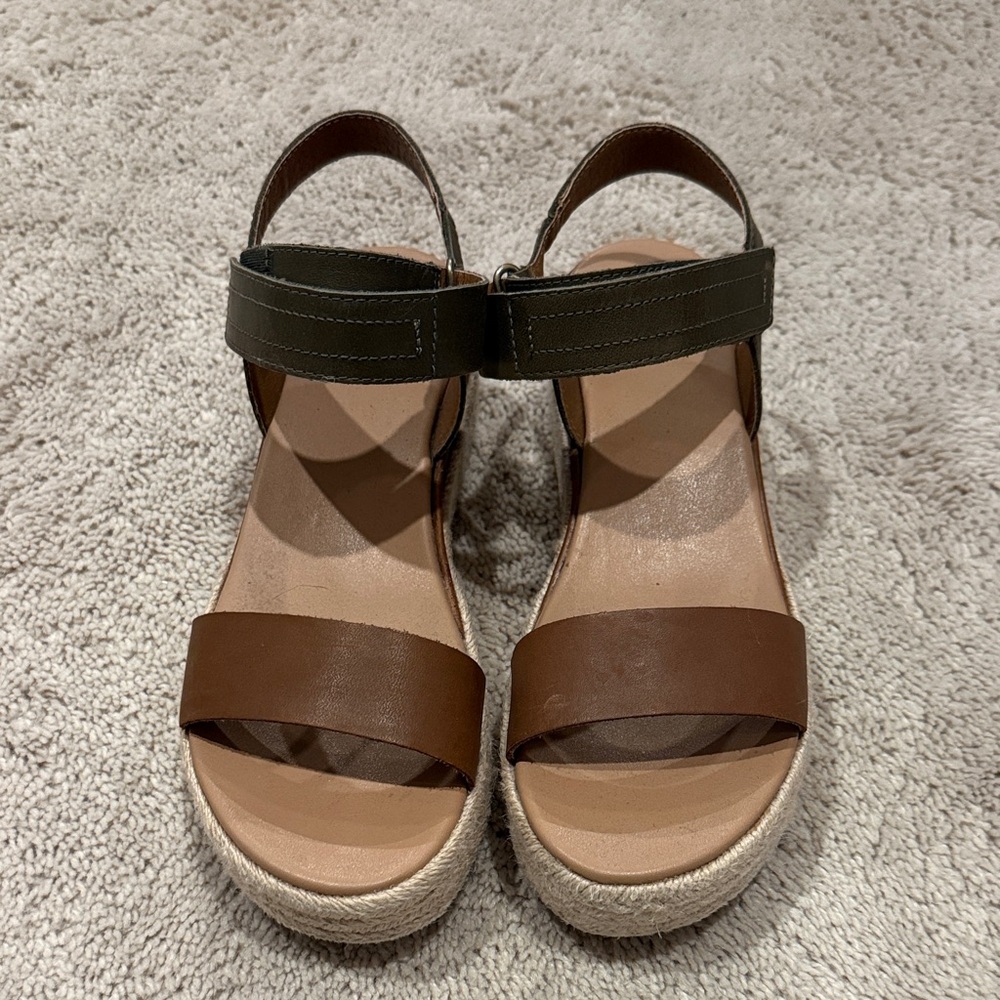 Sorel Brown and Olive Wedge Sandals